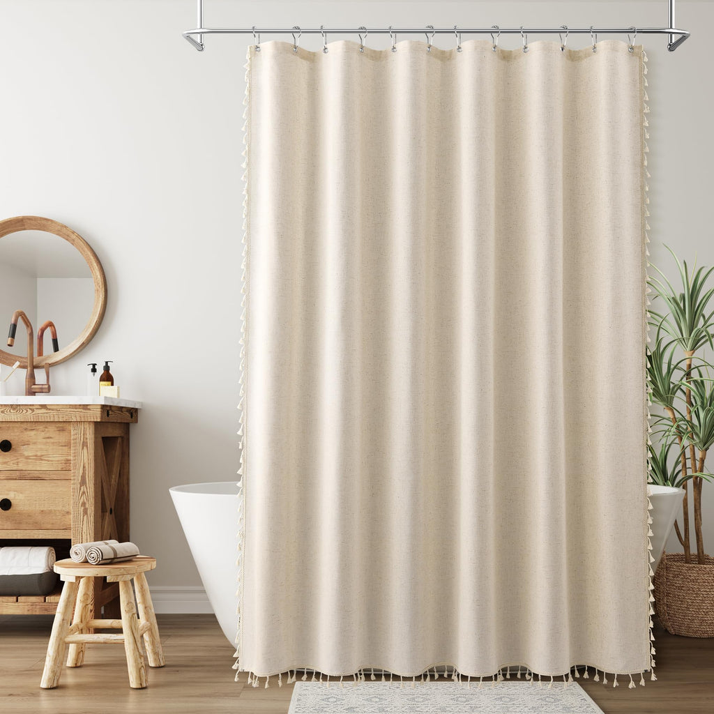 Beige Boho Linen 78 Inches Long Textured Bohemian Tassel Farmhouse Fabric Bath Curtain Set with Hooks Modern Vintage