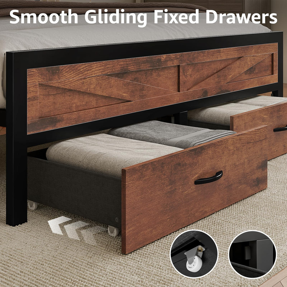 Rustic Bed Frame with Storage Drawers, Farmhouse LED Bed Frame with Barn Door Headboard and Charging