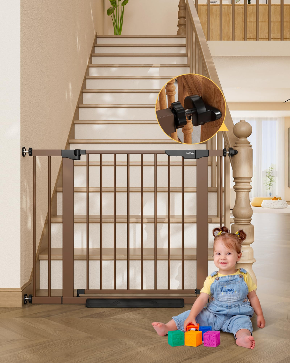 29.6-39.1 in Wide Baby Gate for Stairs and Doorways, Brown
