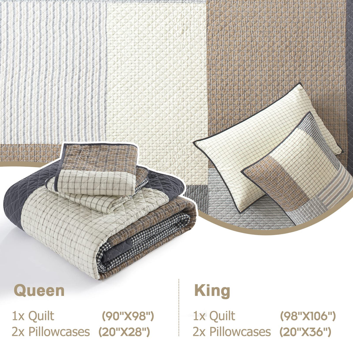 Quilt 100% Cotton Lightweight Soft Quilt Real Patchwork Plaid Quilted Bedspread Brown Beige Gray