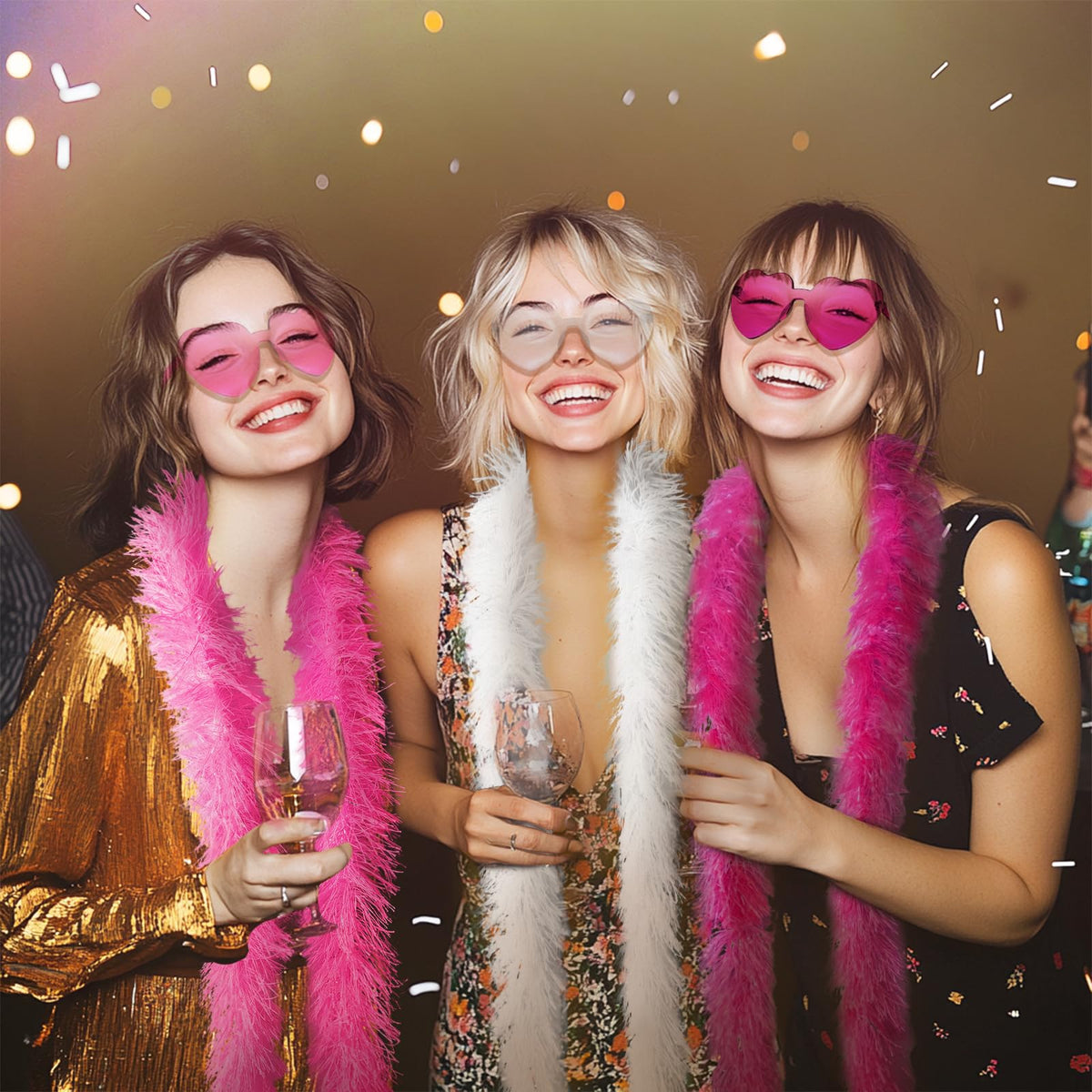 Fluffy Artificial Feather Boas 6Pcs with Heart Sunglasses Party Favors for Wedding Birthday Christmas (Pink,White&Hot
