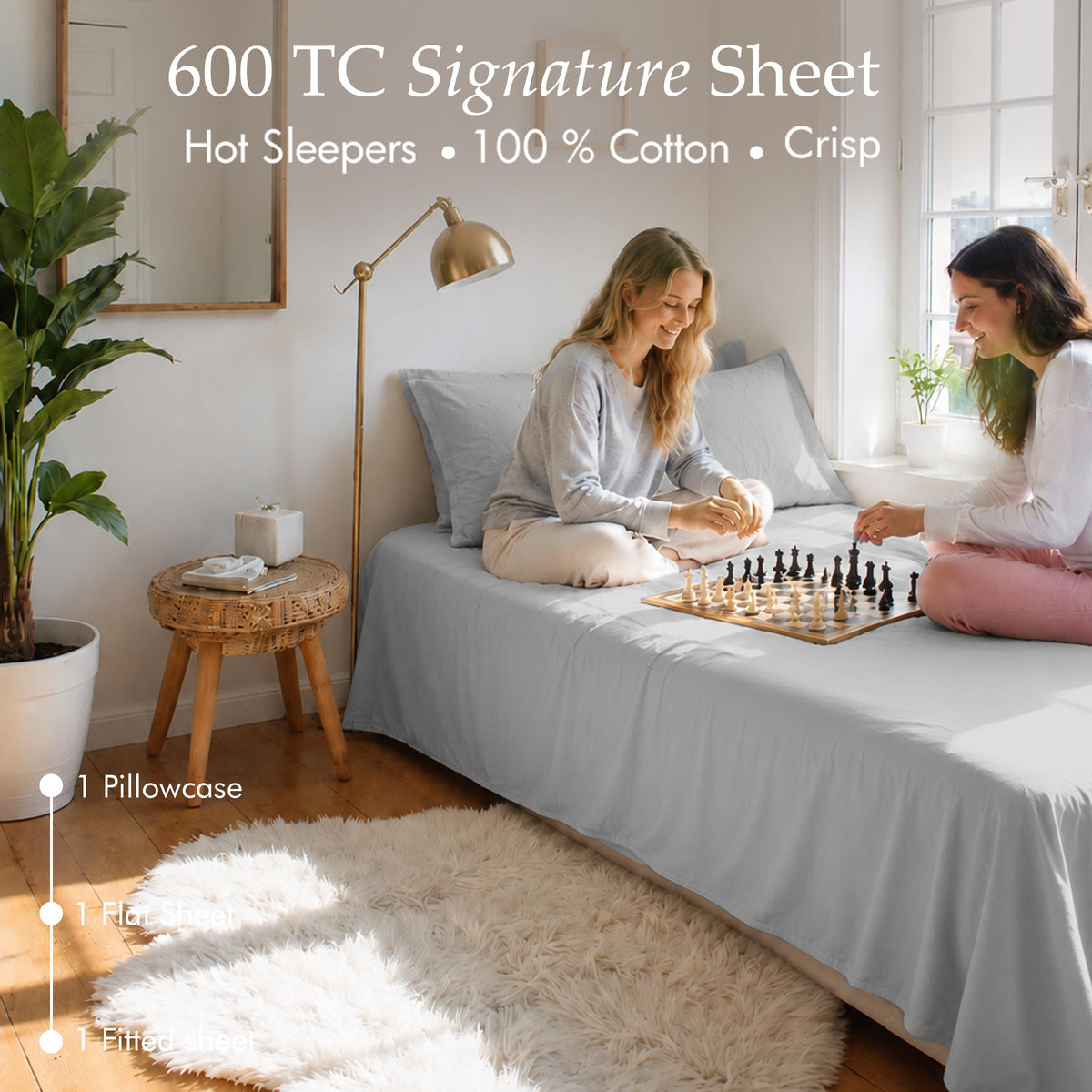 600 Thread Count Cotton Sheet Set, Sateen, Light Grey