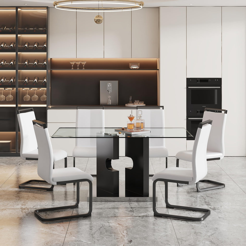 Glass Dining Table Set of 6, 63" Dining Room Table Set for 6, Modern