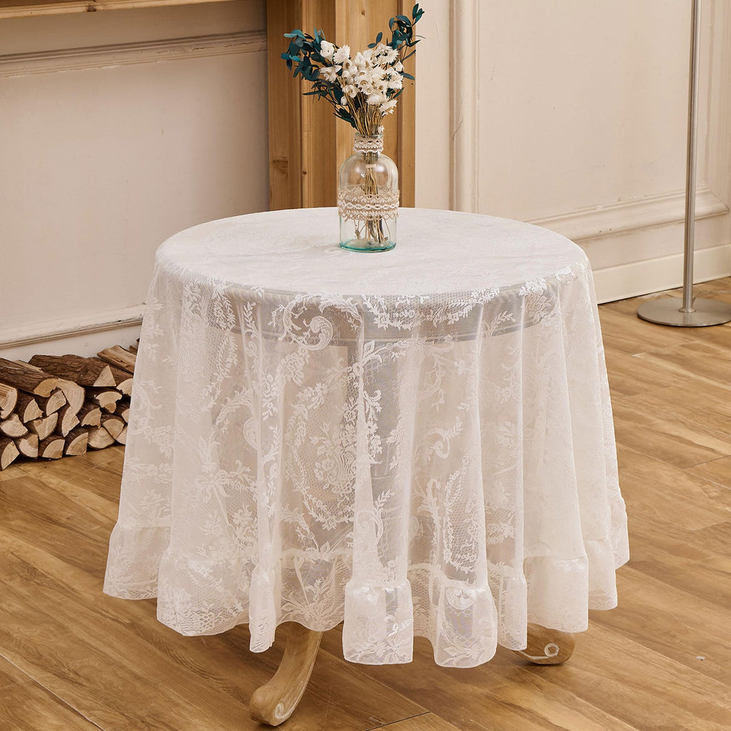 White Lace Tablecloth, Floral 60" Round Table Cloth