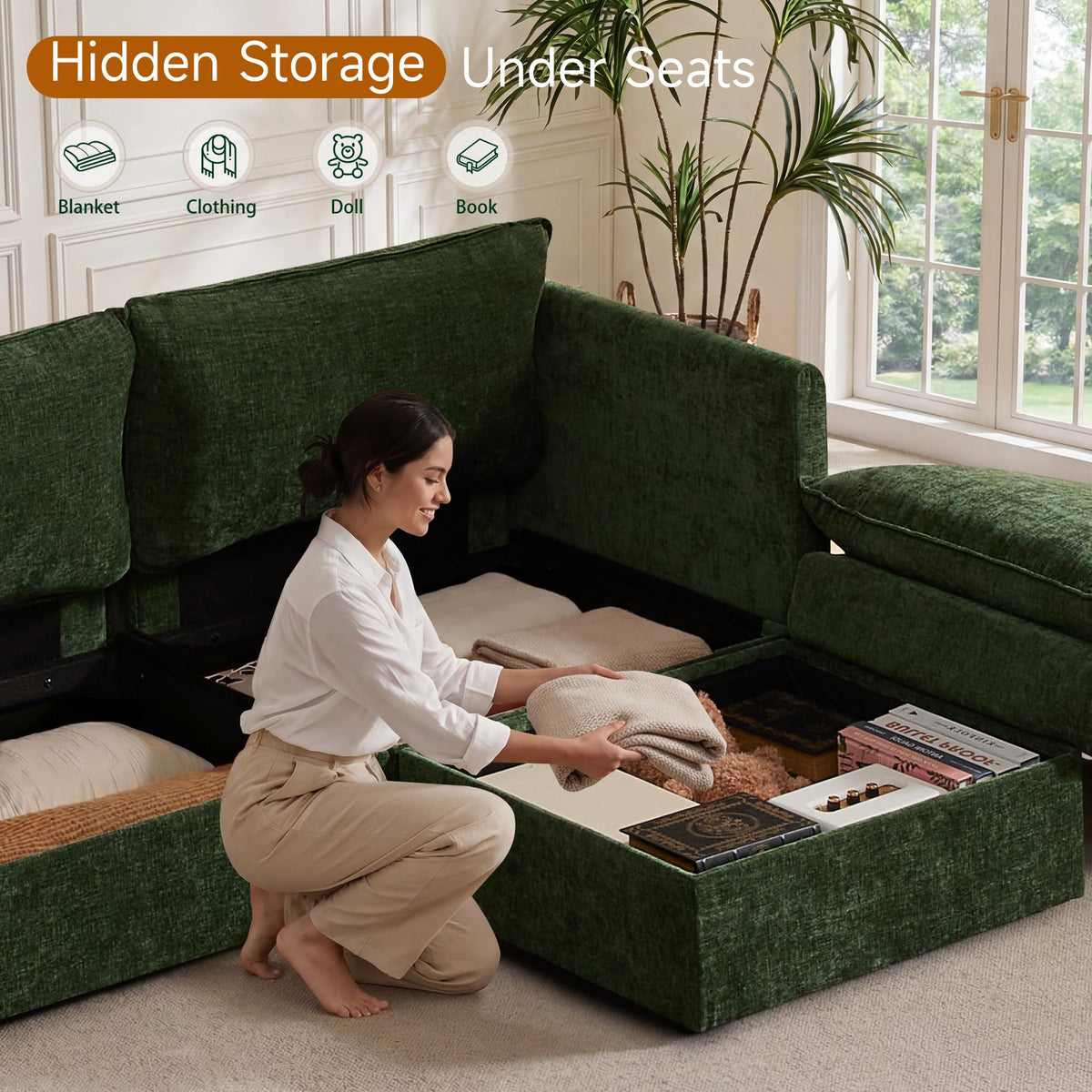 Modular Sofa Couch with Storage, 103" U-Shape Sectional Cloud Couch, Oversized Deep Seat Comfy Fabric Couch (Green
