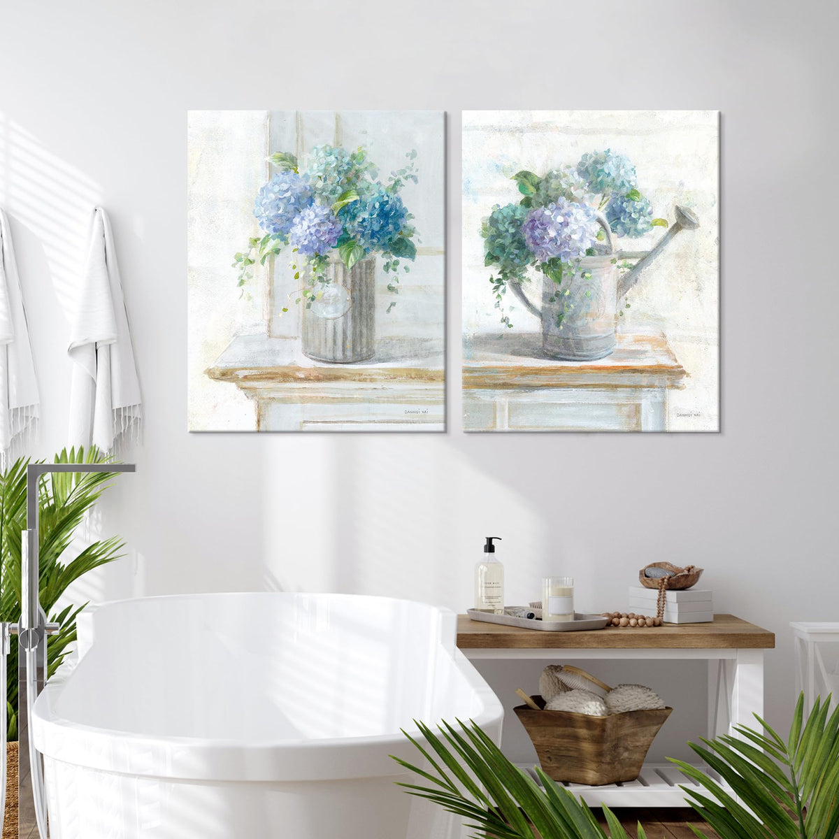 Blue Hydrangea Bathroom Wall Art 2 pcs Farmhouse Rustic Flower Art Botanical Floral Posters Paintings Framed Artwork