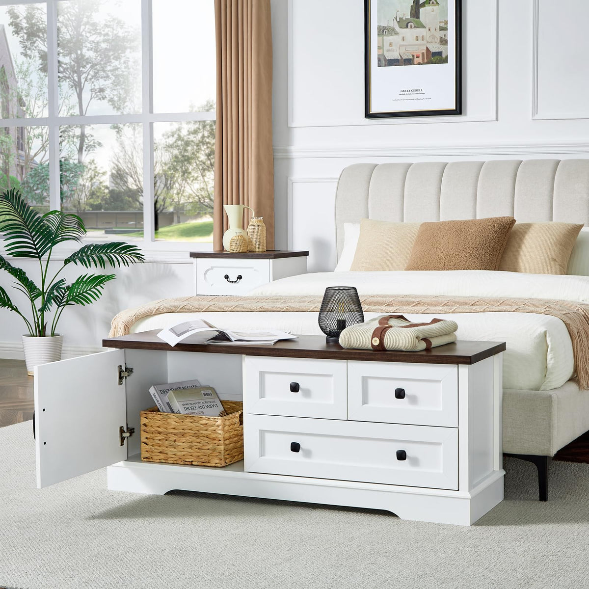 48 Inch End of Bed Storage Bench, Farmhouse Bed Bench with Drawers and Cabinet, Rustic Shoe Storage Bench, White