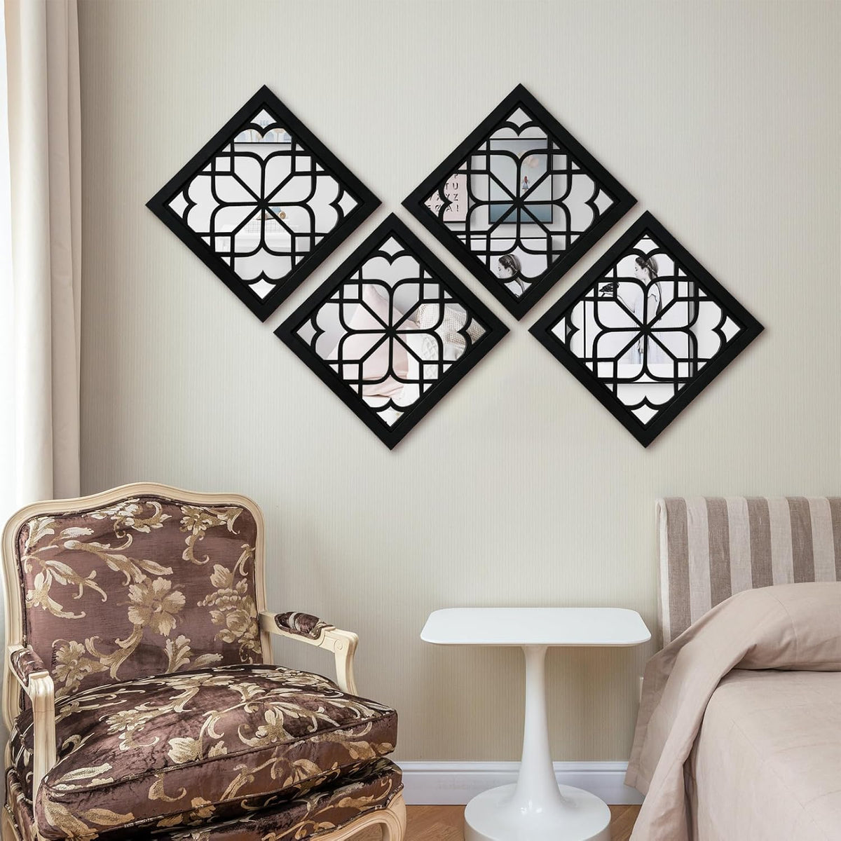 Set of 4 Wooden Rustic Square Wall Mirror Vintage Style Decorative Entry Mirror Farmhouse Wall Decoration Bedroom