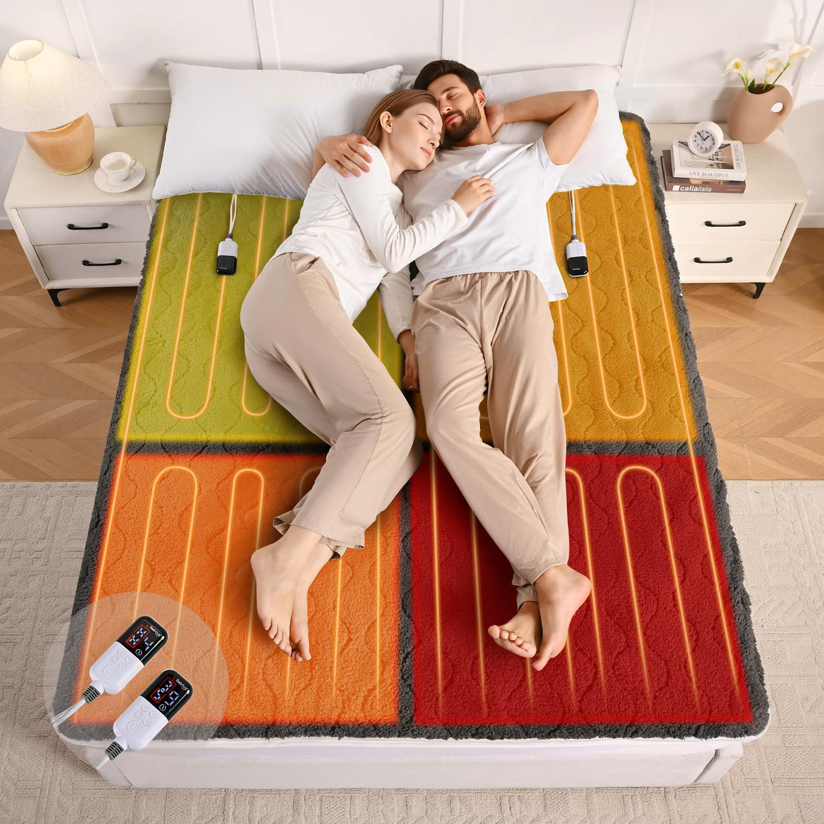Multi-Zone Electric Heated Mattress Pad Queen Size, Dual Control Bed Warmer with Memory & 11 Heat Level, Auto