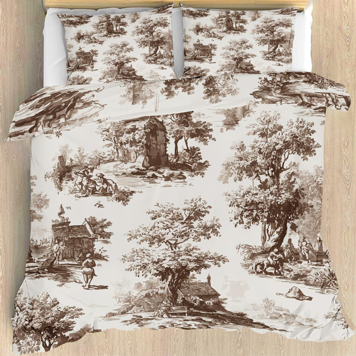 Blue Vintage Duvet Cover - Country Scene Duvet Cover Set 3Pcs - Toile Bedding Set - Brown Comforter Cover