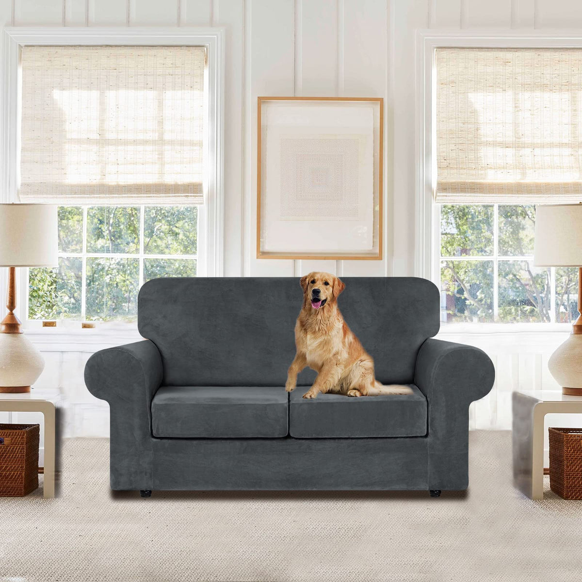 Velvet Stretch 3 Pieces Couch Cover for Sofa Washable, Dark Grey