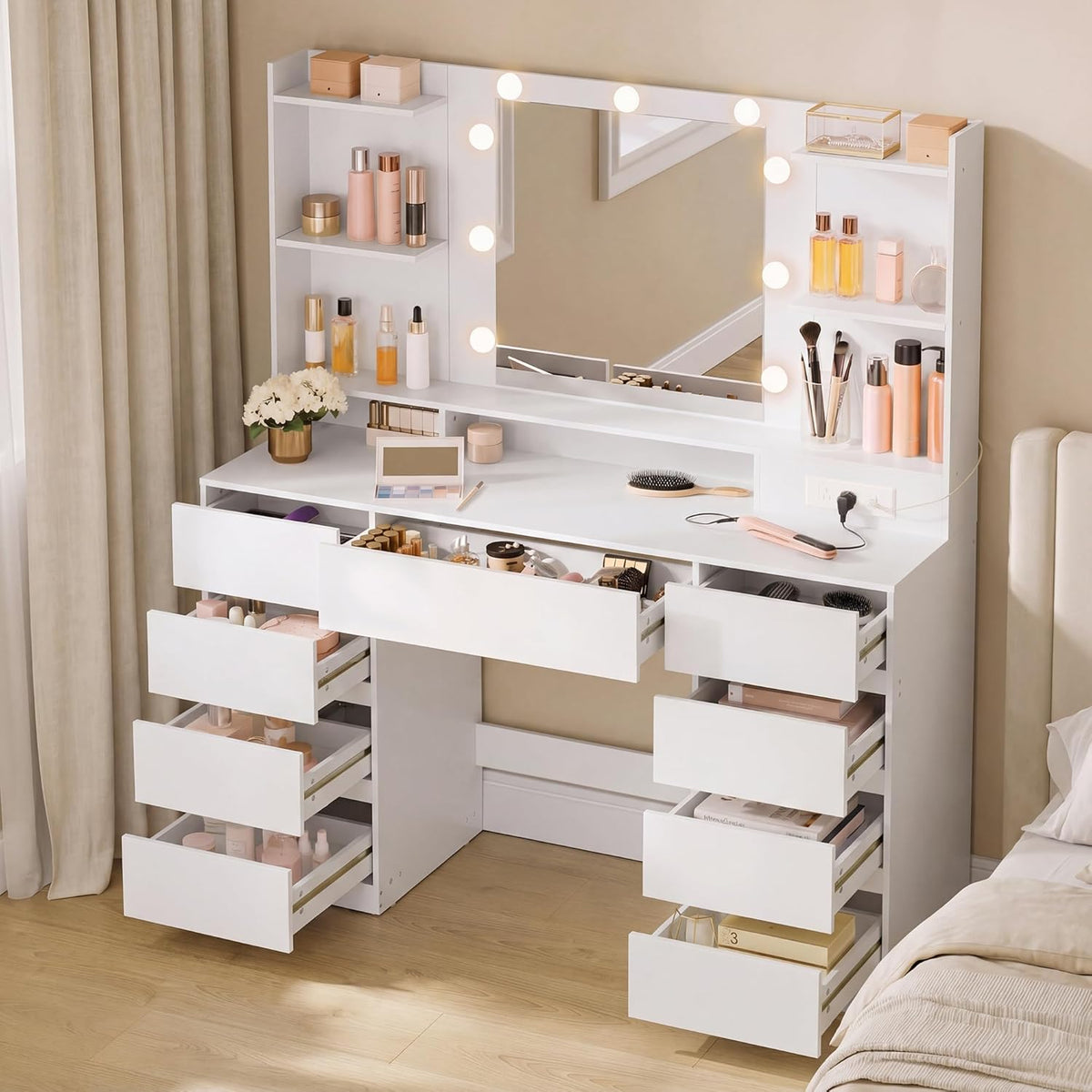 Collection - Vanity Desk with Mirror and 9 LED Bulbs, Modern Vanity Makeup Table with Power Outlets, Dressing Table