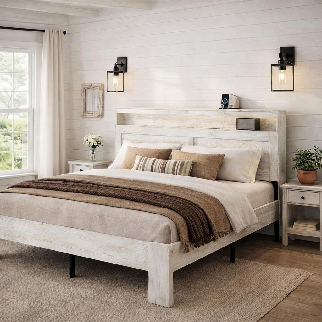 Wooden Bed Frame with Headboard, Rustic Platform Bed Frame