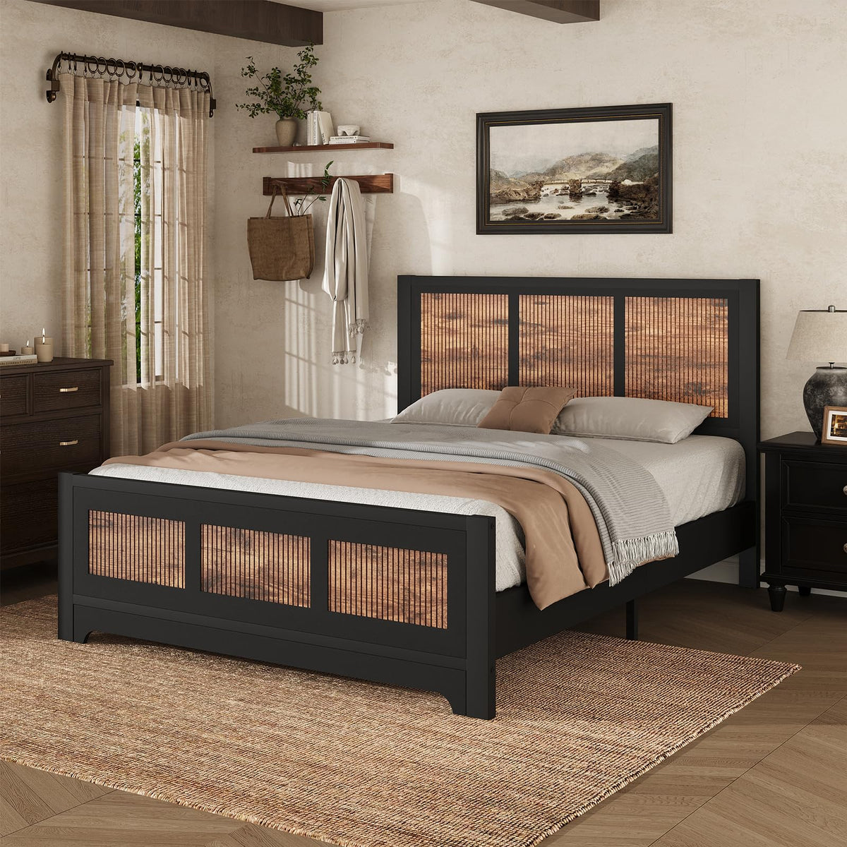 Farmhouse Bed Frame with Headboard and Footboard, Platform Bed Frame with Vertical Stripe Design, Wood Slat