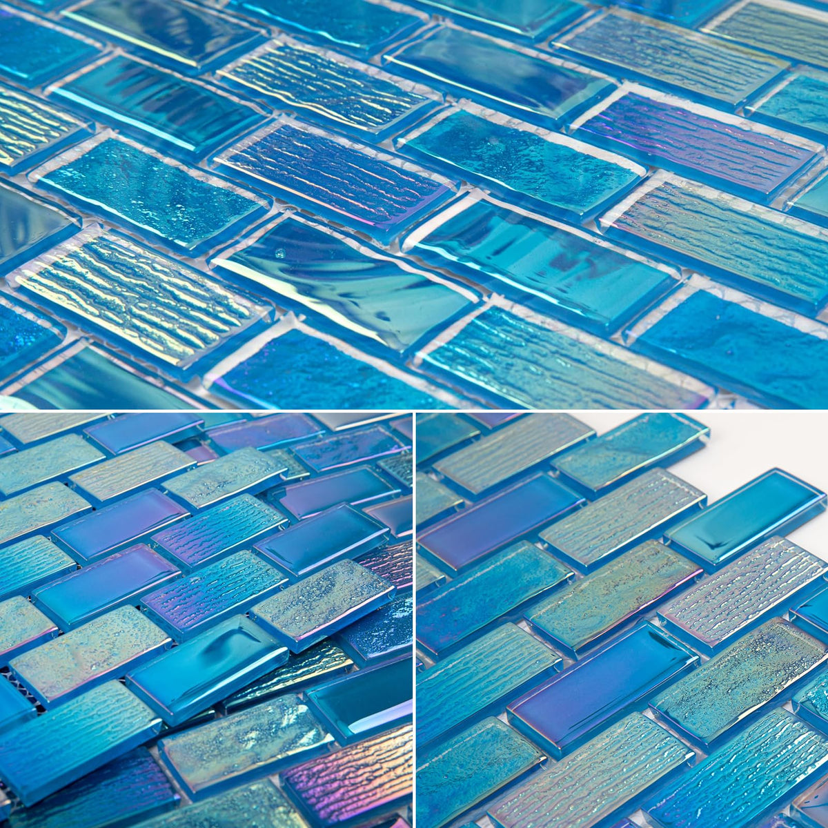 Pool Tile, Glass Backsplash Tiles Iridescent Blue 1x2 Inch Brick, 5 Sheets