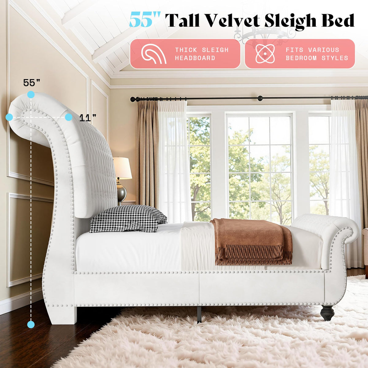Upholstered Bed Frame Sleigh Headboard & Footboard, White