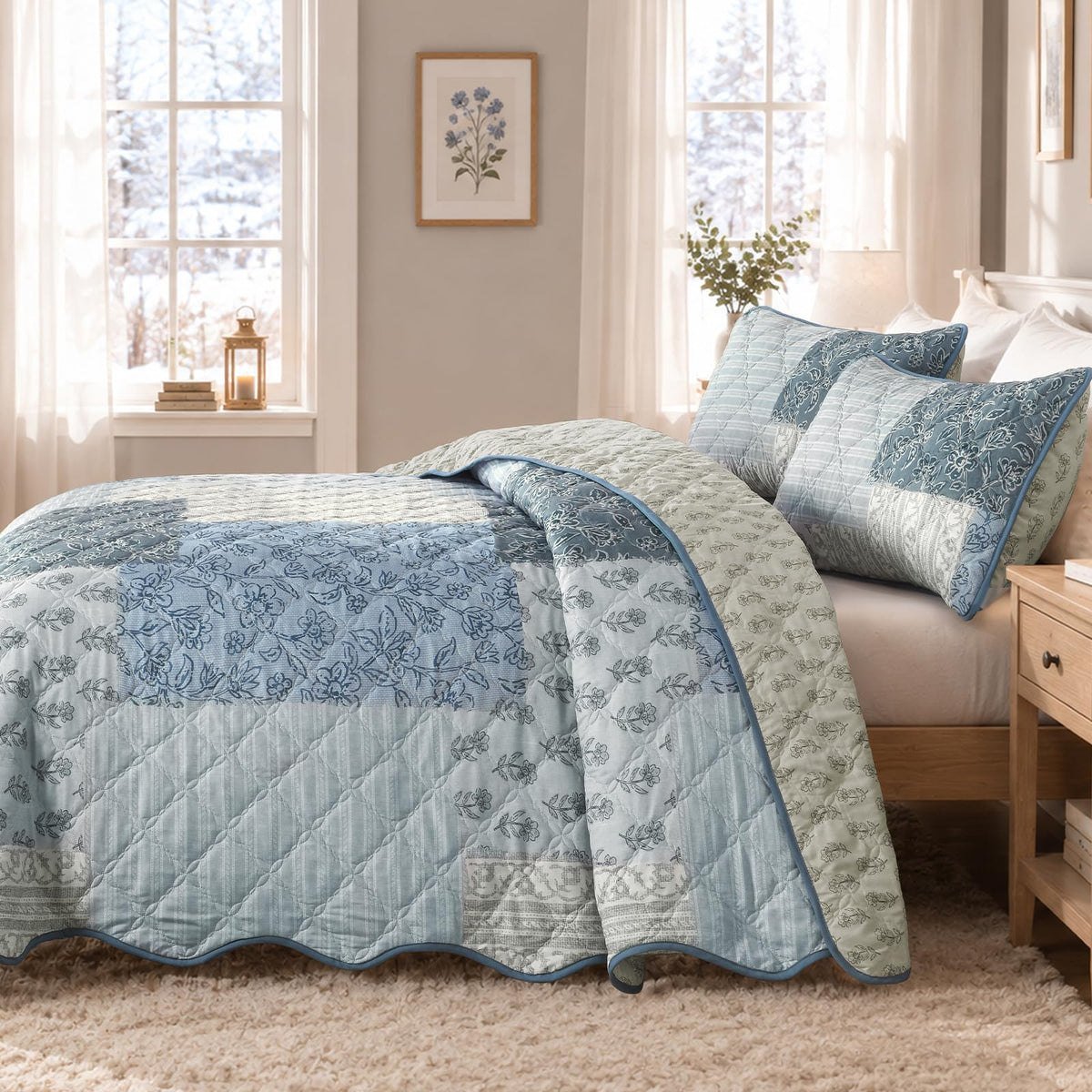 Blue Quilt Set, Reversible Floral Patchwork Bedspread