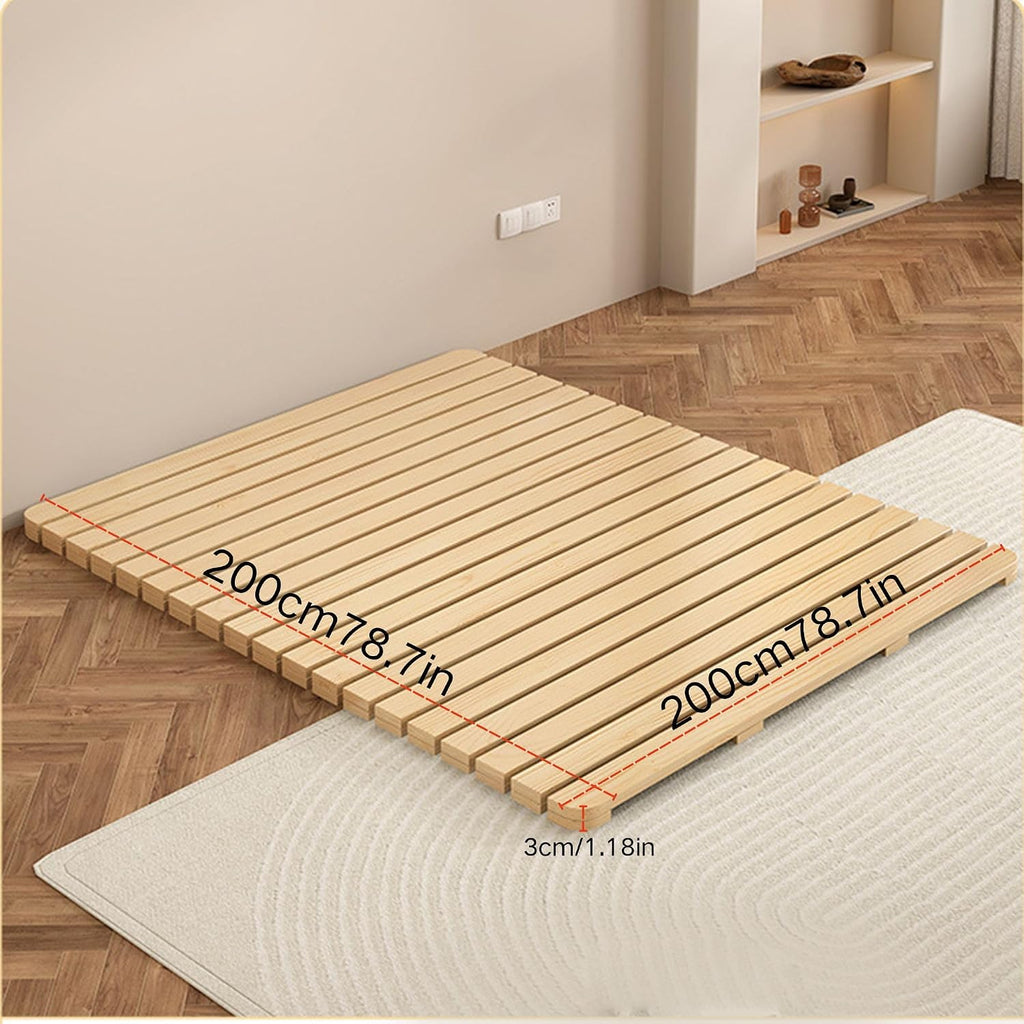 Solid Wood Slatted Bed Frame, Japanese Floor Platform, Natural Wood, 78.7 x 78.7 Inch, Foldable Roll-Up Design
