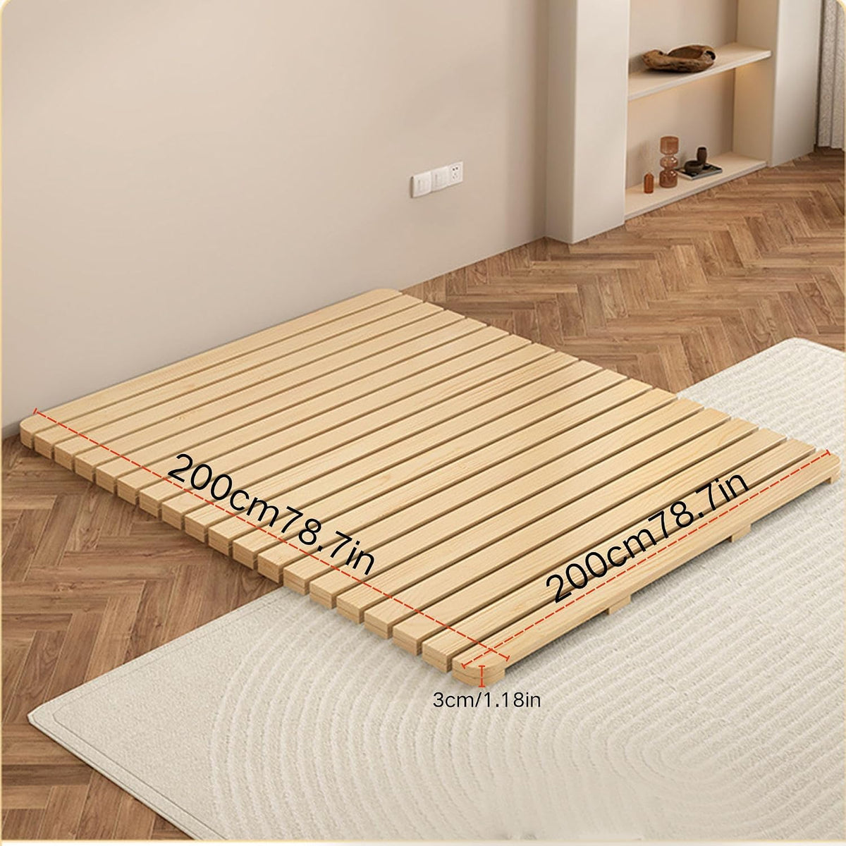Solid Wood Slatted Bed Frame, Japanese Floor Platform, Natural Wood, 78.7 x 78.7 Inch, Foldable Roll-Up Design