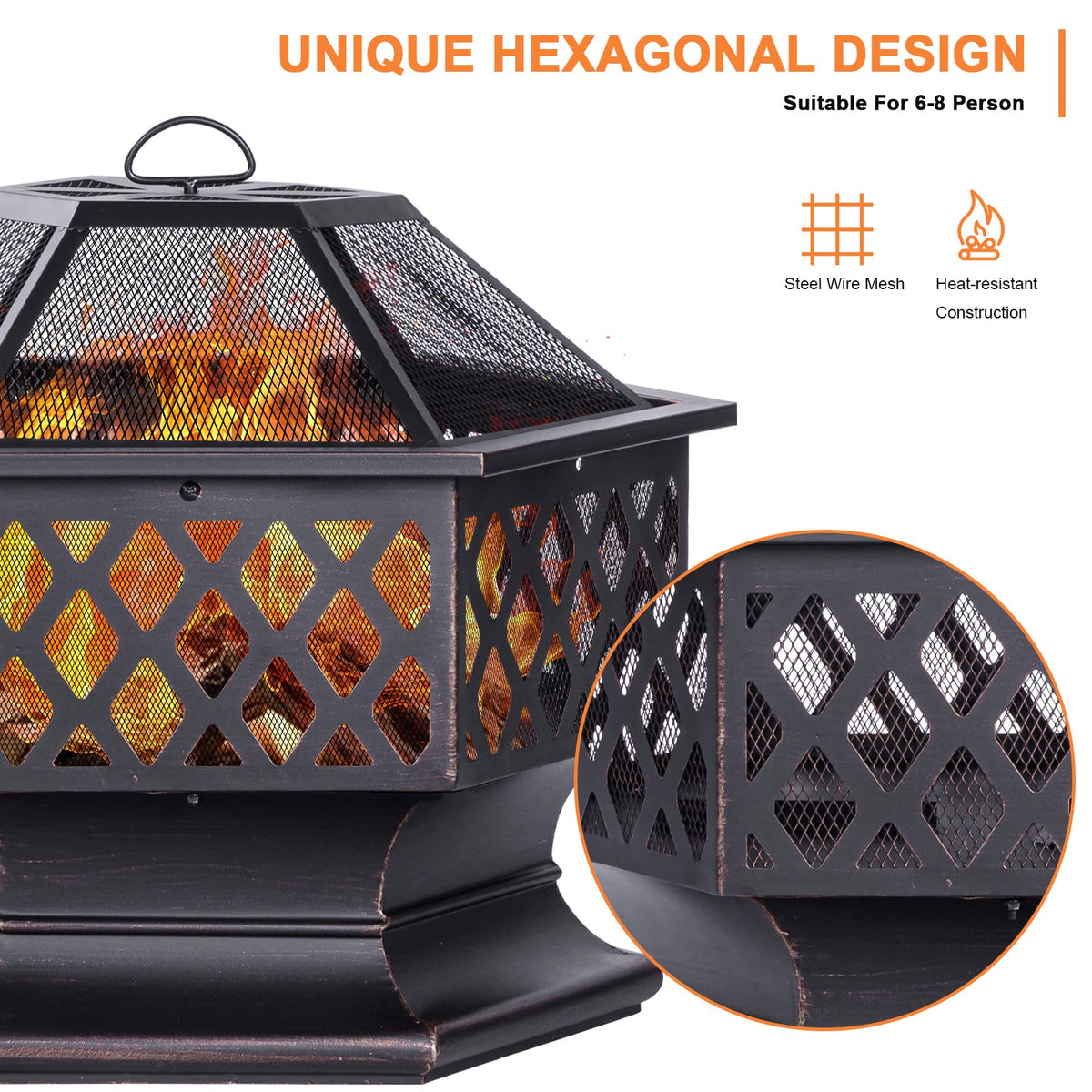 28Inch Outdoor Fire Pit, Hexagon Shaped