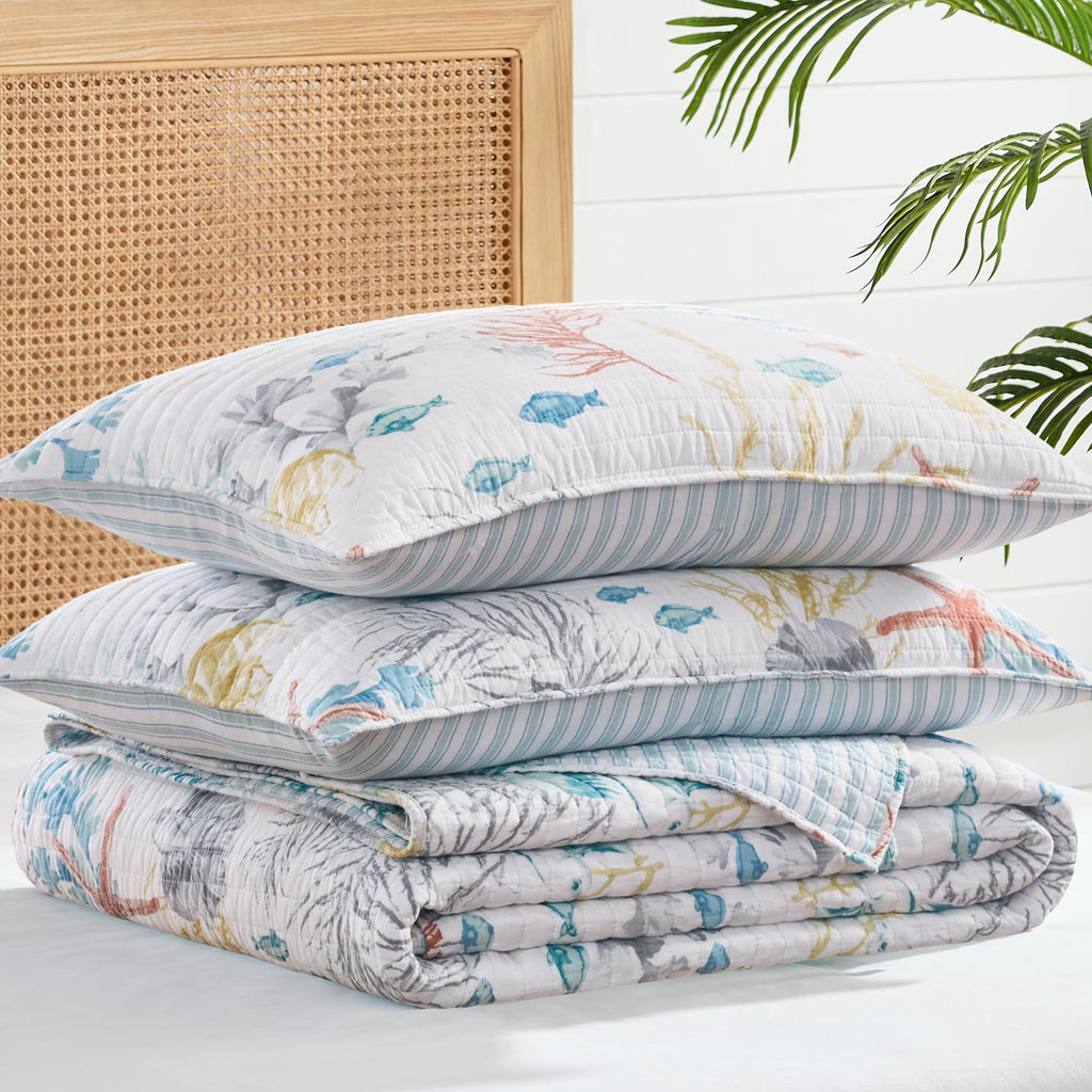 Whimsical Sea Quilt Set - Quilt and Two Standard Shams - Coastal - Blue Teal Yellow Orange Grey White