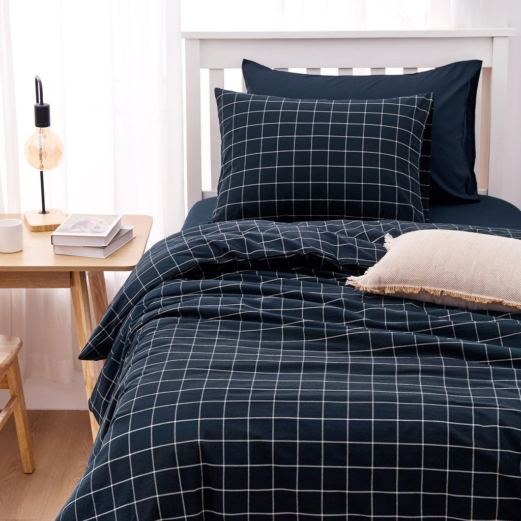 Grid Cotton Duvet Cover Set, Plaid Checkered Geometric Farmhouse, 100% Washed Cotton Textured Bedding Set, 3 Pieces