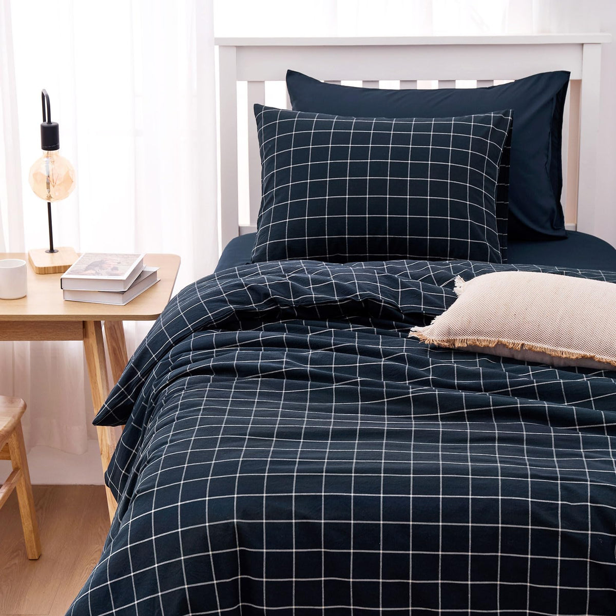 Grid Cotton Duvet Cover Set, Plaid Checkered Geometric Farmhouse, 100% Washed Cotton Textured Bedding Set, 3 Pieces