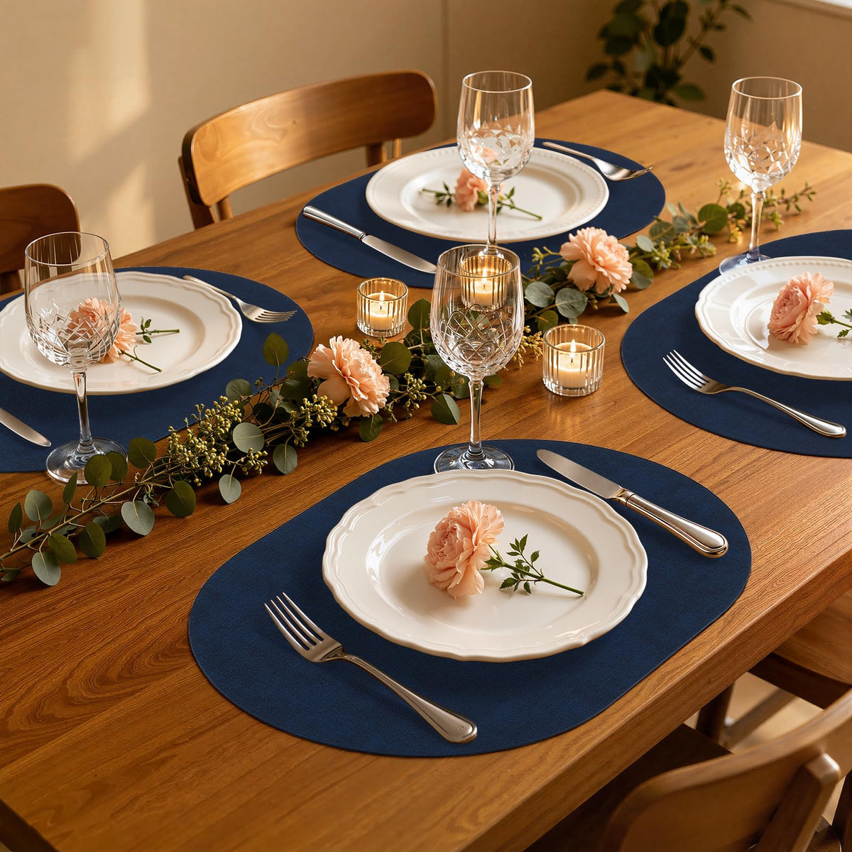 Oval Faux Leather Placemats Set of 4, Easy to Clean, Navy Blue