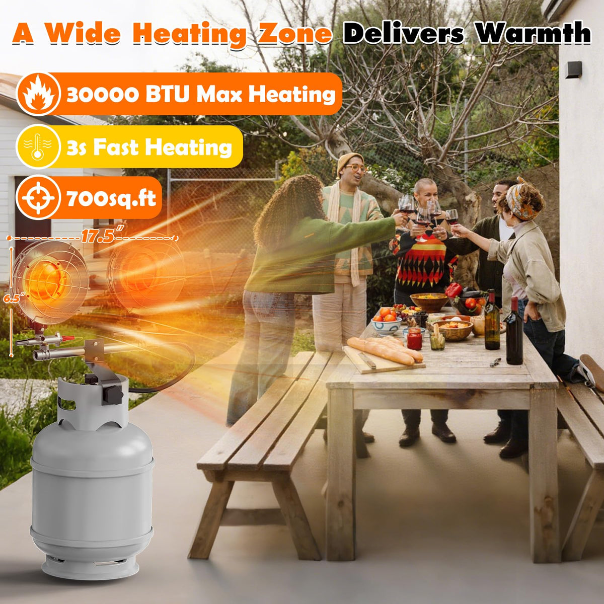Propane Heater, Portable Propane Heater for Outdoor Use with 3 Adjustable Modes and Safety Shut-off Valve