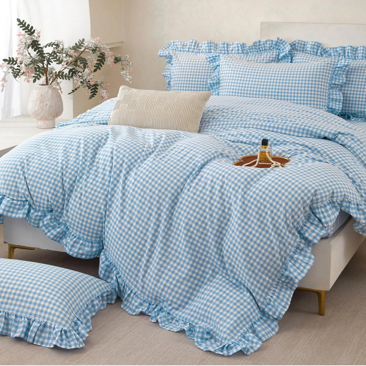 Gingham Ruffle Comforter Sets 5 Pieces Farmhouse Vintage Grid Comforter Bedding Soft Breathable Checkered