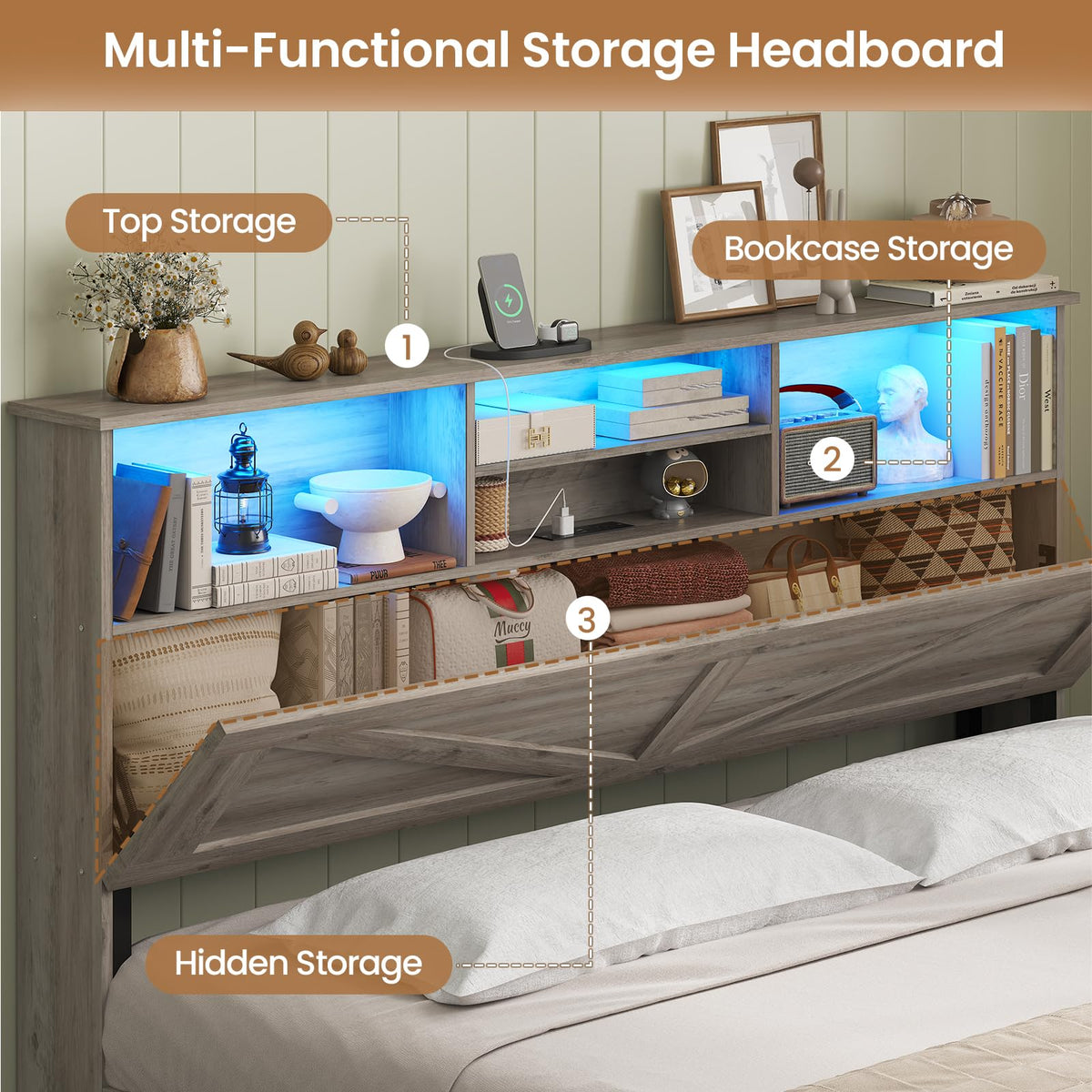 Farmhouse Bed Frame with 4 Storage Drawers and Led Lights, Wooden Bed Frame with Hidden Space