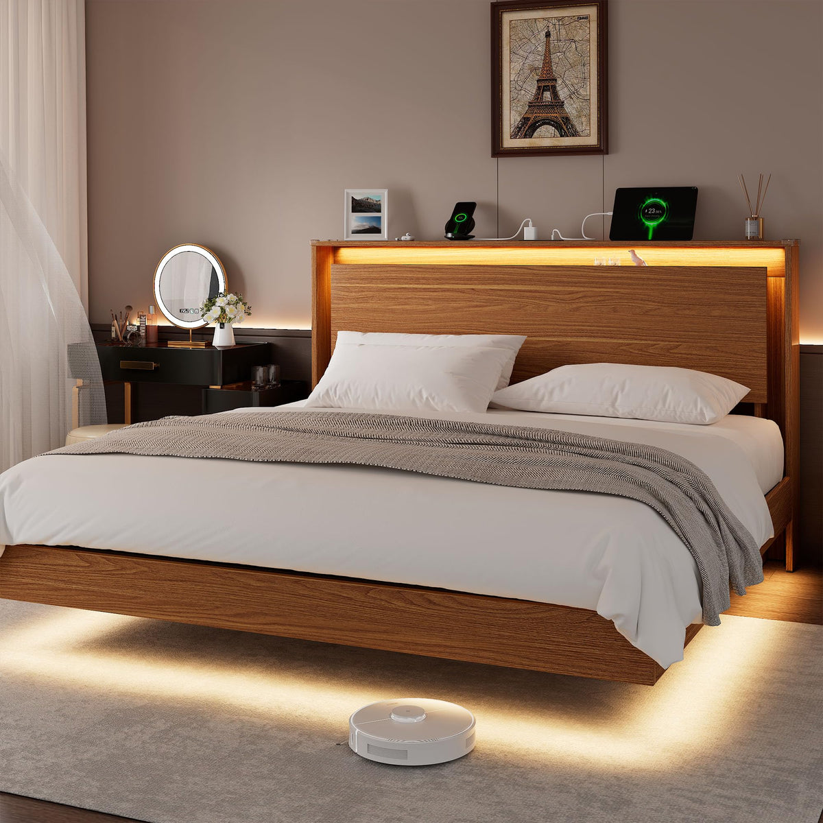King Size Bed Frame with LED Lights & Charging Station - Wood Floating Bed Frame with Storage Headboard, Adhesive
