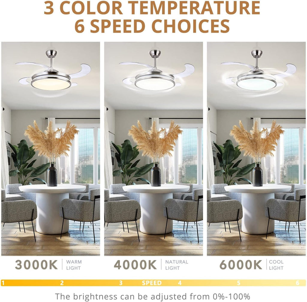 42" Flush Mount Retractable Ceiling Fan with Light & Remote