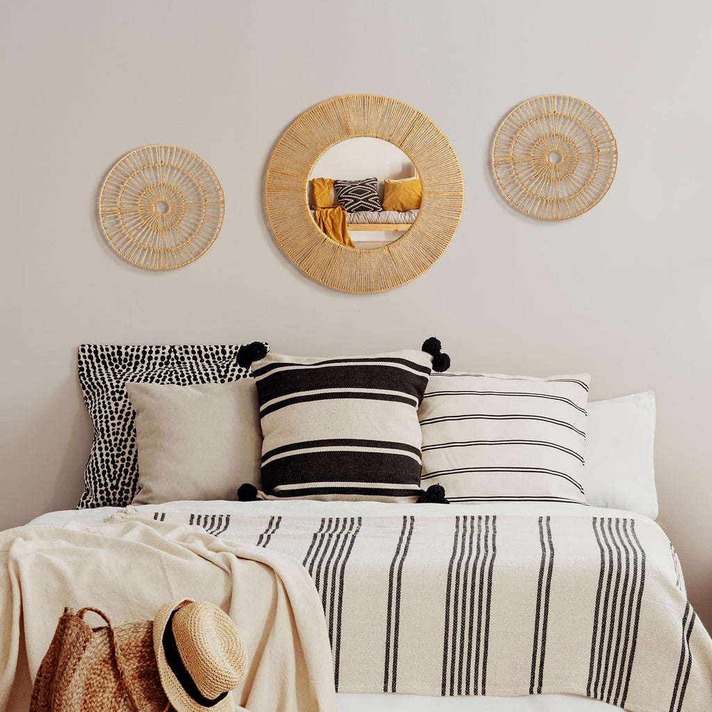 3 Pcs Boho Mirror Wall Decor, Natural Jute Woven Round Mirror, 19.7" Large Decorative Mirrors with 2 Wall Art