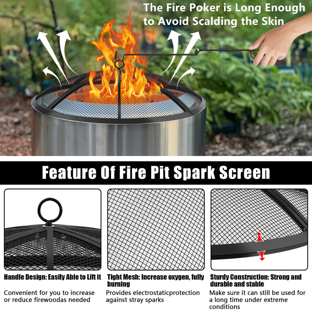 Fire Pit Spark Screen, Fire Pit Screen 22 Inch Round with Handle & Poker
