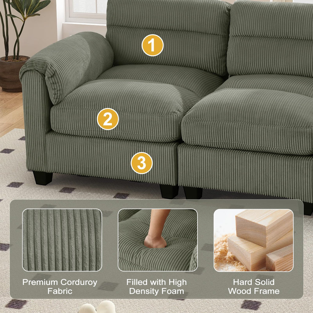 115" Modular Sectional Sofa Couch with 3 Movable Ottoman, Oversized Corduroy L Shaped Couches with Rolled Arms