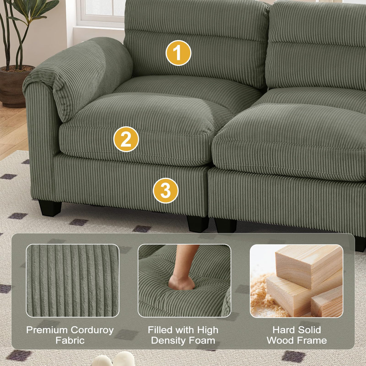 115" Modular Sectional Sofa Couch with 3 Movable Ottoman, Oversized Corduroy L Shaped Couches with Rolled Arms