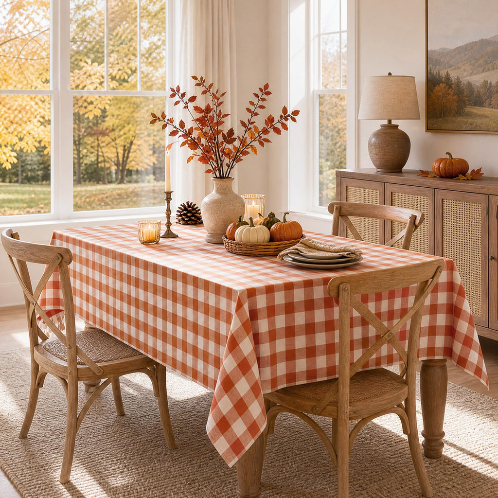 Fall Gingham Tablecloth Rectangle Cotton Linen Style, Orange 60x75
