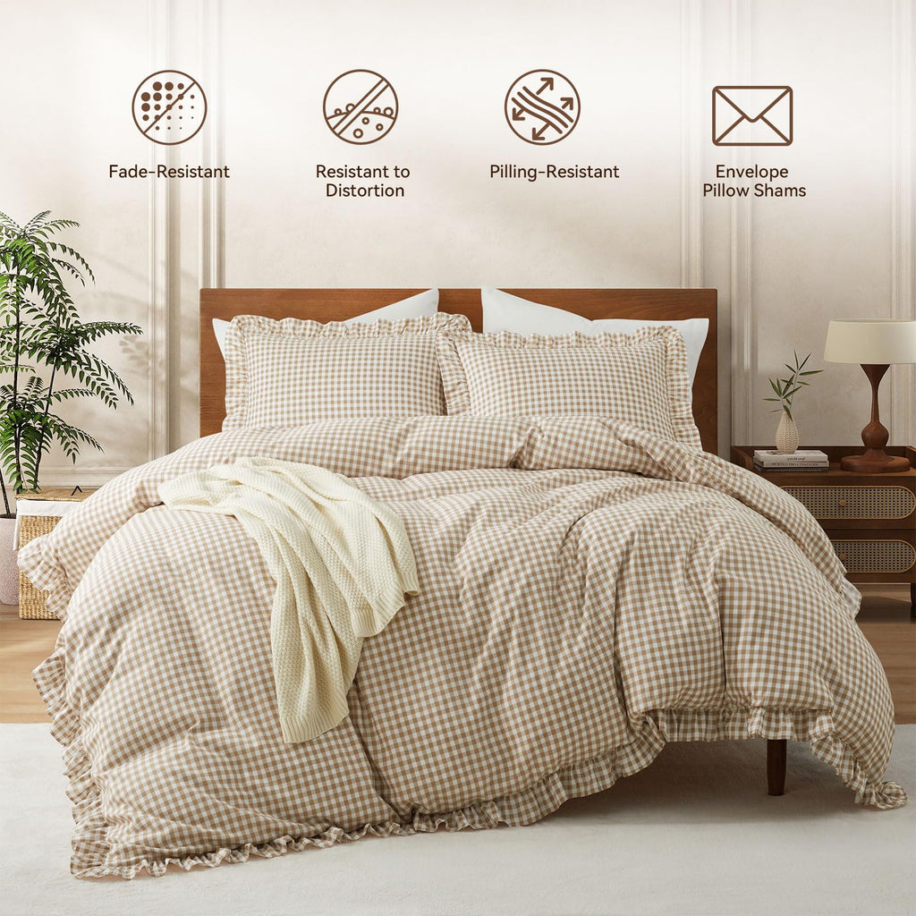 Gingham Ruffle Duvet Cover Set, 3 Pcs No Comforter, Taupe