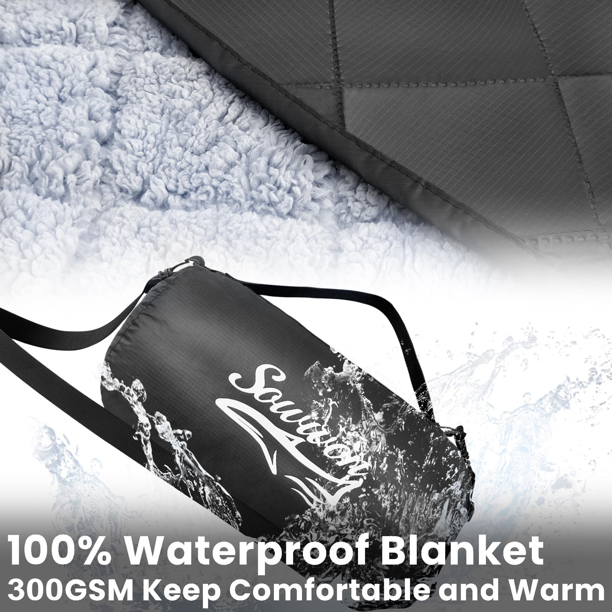 Waterproof Outdoor Blanket 82"x55" Large Sherpa Fleece Black