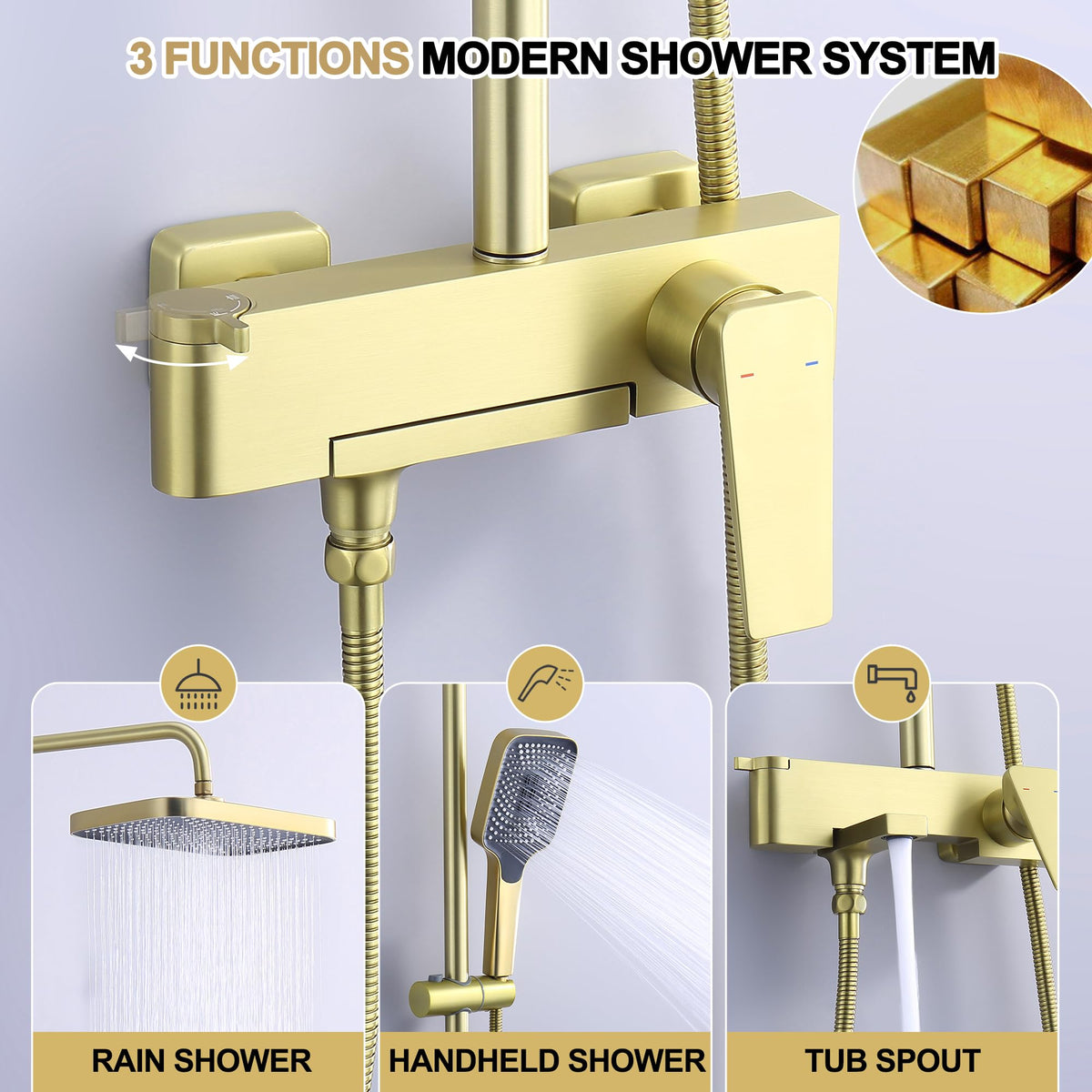 Shower Systems with 12 x8 Inches Rain Shower Head,Brushed Gold Exposed Pipe Shower System,3 Functions Tub Shower