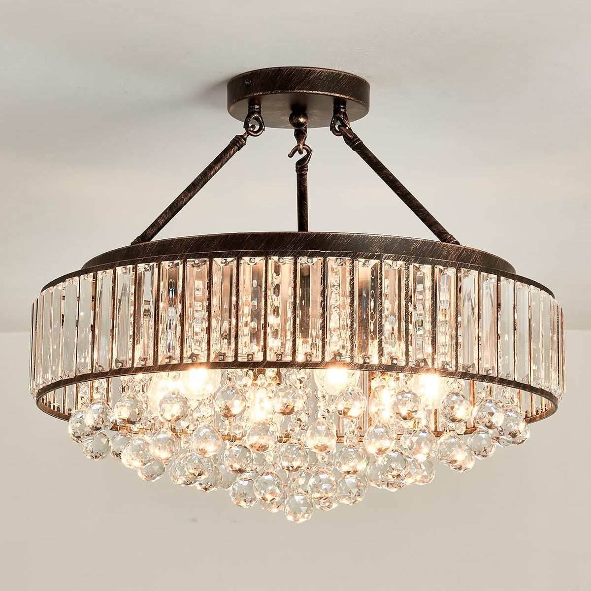 Six-Light Oil Rubbed Bronze Crystal Chandelier, Modern Metal