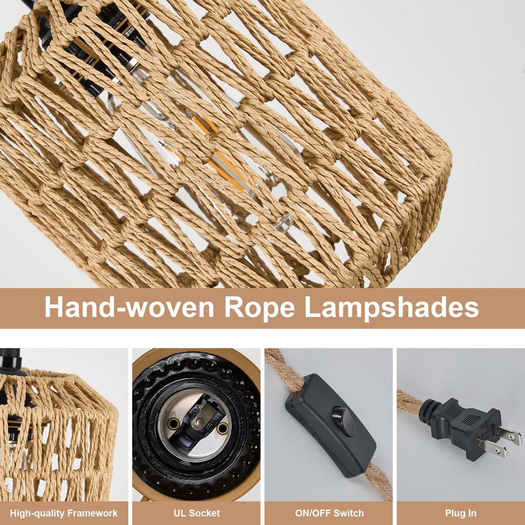 3 Lights Plug in Pendant Light with Cord On/Off Switch Rattan Hanging Lamp with 22ft Hand Woven Wicker Plug in