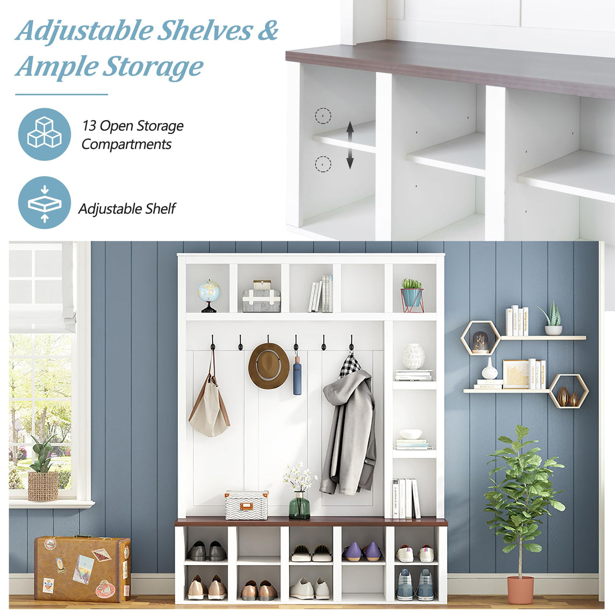 Versatile 59'' Wide Hall Tree with 6 Hooks and Multiple Storage Space, Farmhouse Practical Walnut Storage Bench with