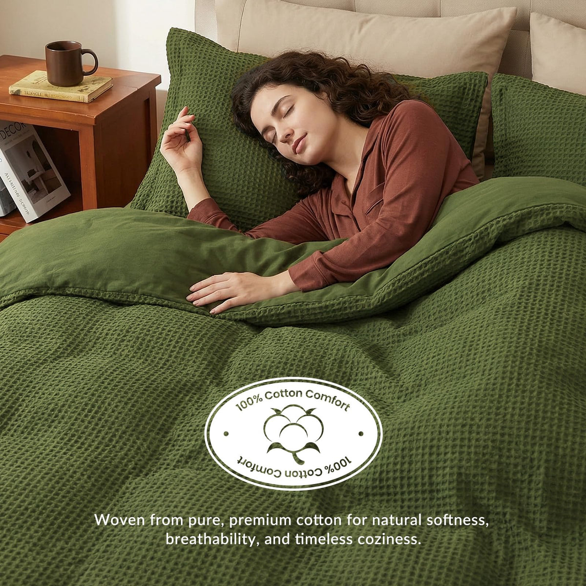 100% Cotton Waffle Weave Duvet Cover Set, 104"x98", Olive Green