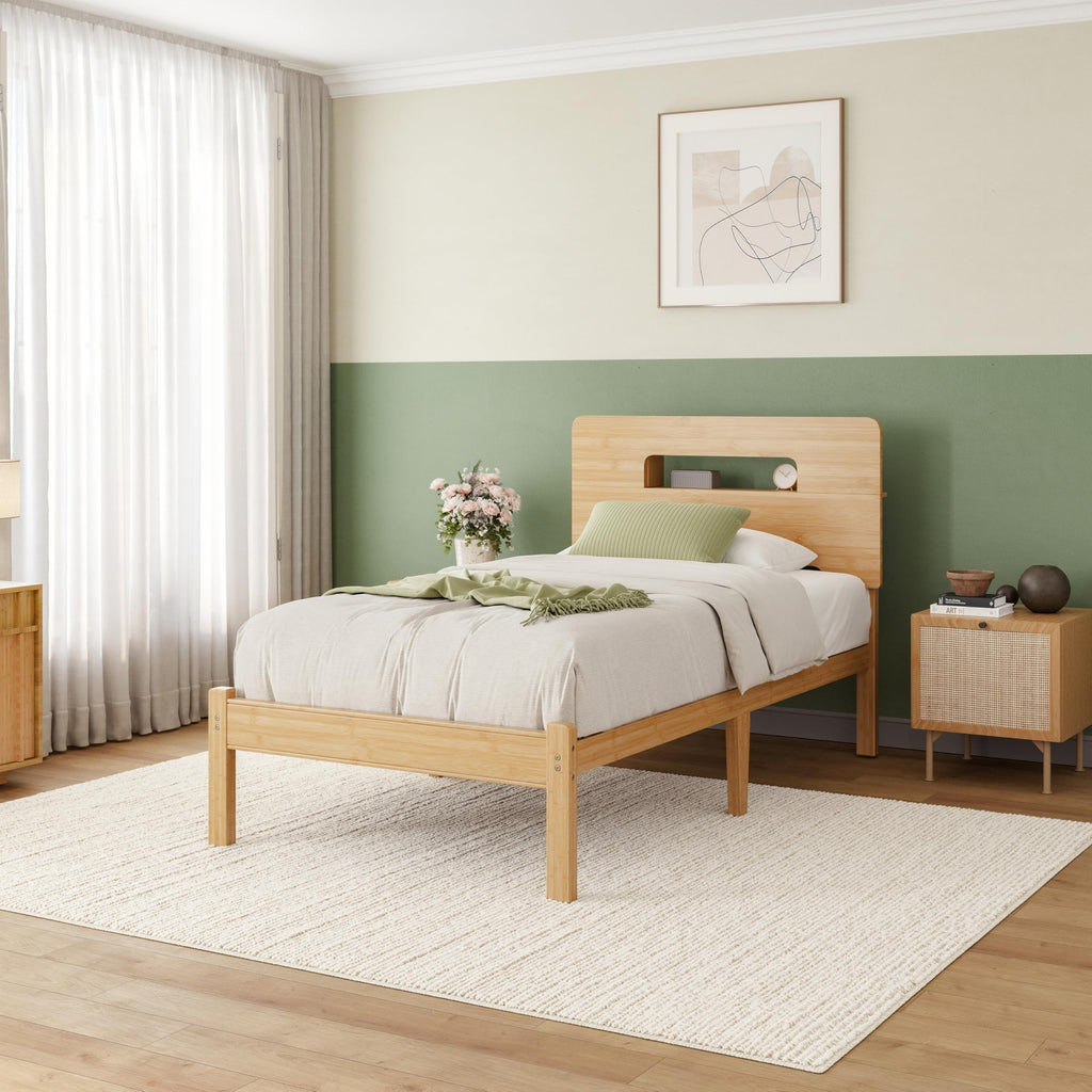 Solid Bamboo Wood Twin XL Bed Frame with Storage Headboard, 14 inch Platform Twin XL Bed Frames No Box Spring Needed