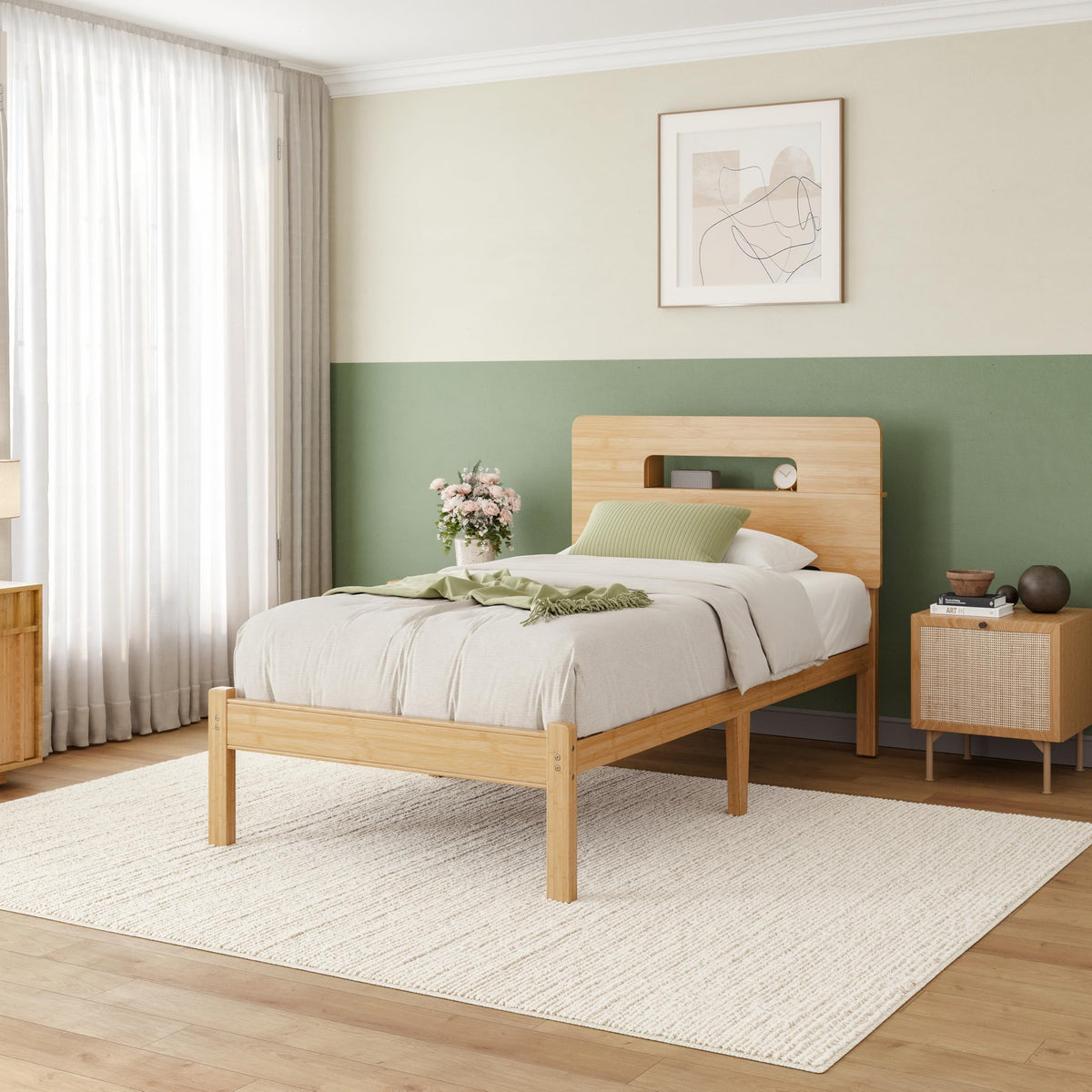 Solid Bamboo Wood Twin XL Bed Frame with Storage Headboard, 14 inch Platform Twin XL Bed Frames No Box Spring Needed