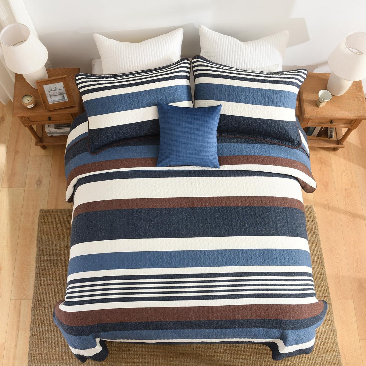 Quilts, Blue Brown/Cream Striped Design Quilt Set