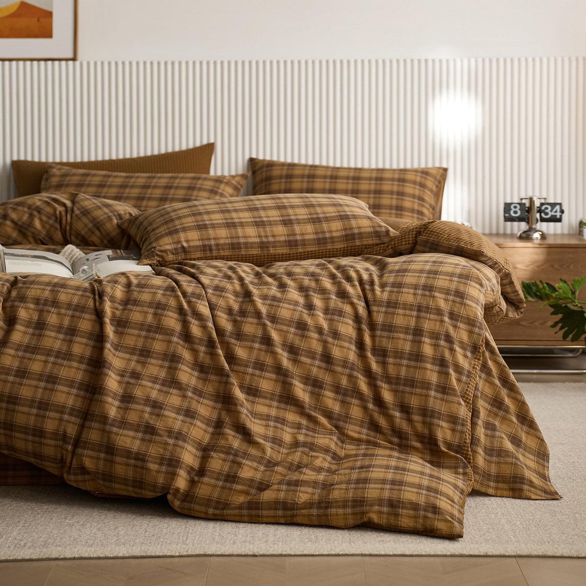 Vintage Style Mustard Yellow Plaid Duvet Cover Set, 100% Washed Cotton Retro Yellow&Brown Grid Checkered Bedding