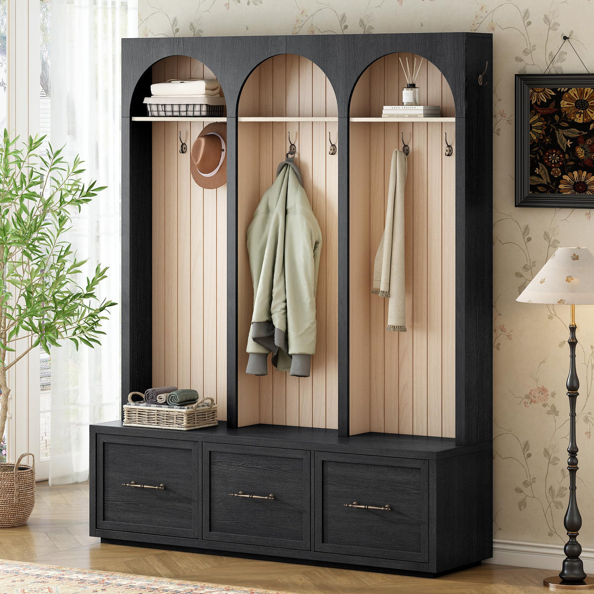 Farmhouse Wood Hall Tree with 8 Hooks and Shoe Bench, Mudroom Versatile Coat Racks with 3 Drawers, Entrance Organizer